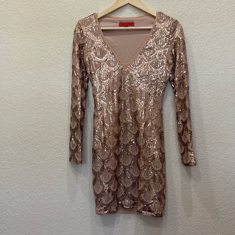 Wow Couture Rose Gold Sequin Long Sleeve V-Neck Mini Dress
